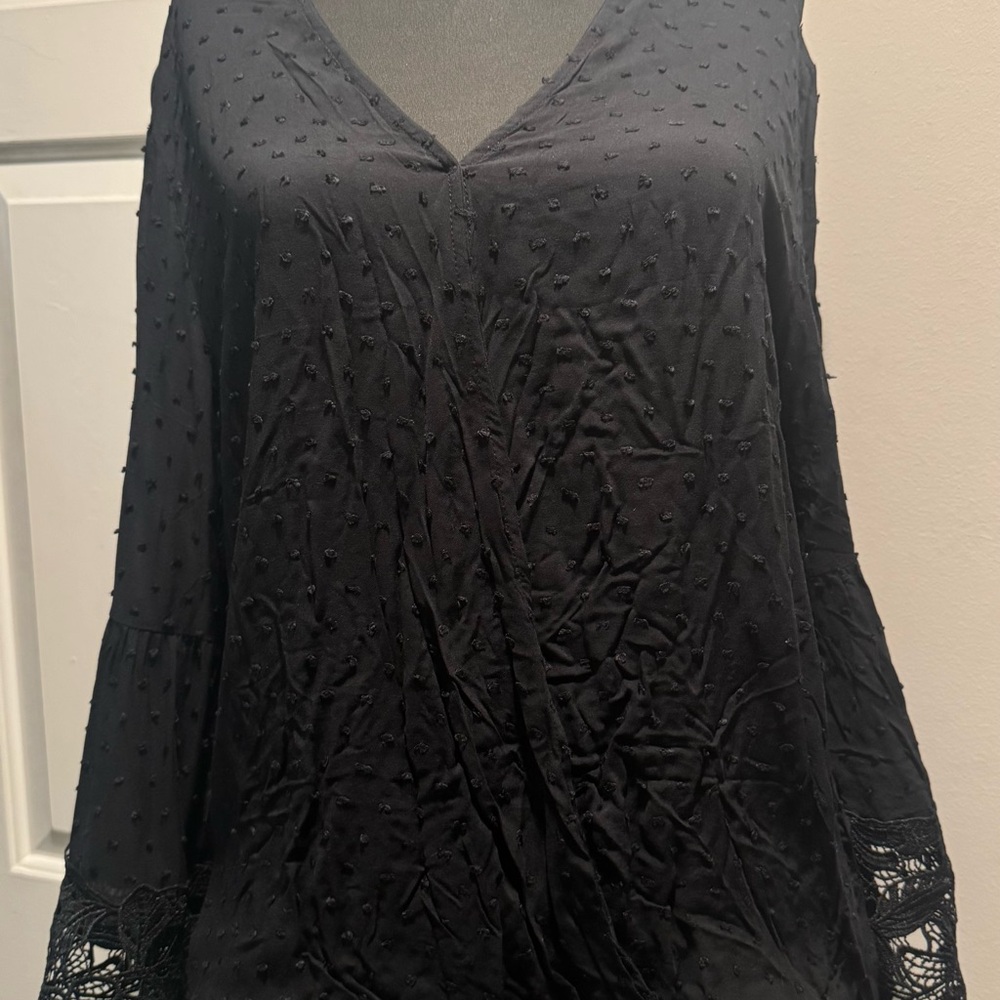 Marc New York Black Swiss Dot Textured Blouse Faux Wrap With Floral Lace Sleeves